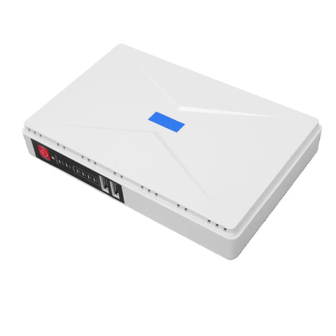 Mini UPS Battery Backup 8800mAh For WiFi Routers And Modems Us Plug showing a sleek white design with LED indicator.