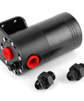 Yukofe Universal Air Oil Separator Catch Can, Black Stainless Steel Construction For Car Engine Modification with red fittings.