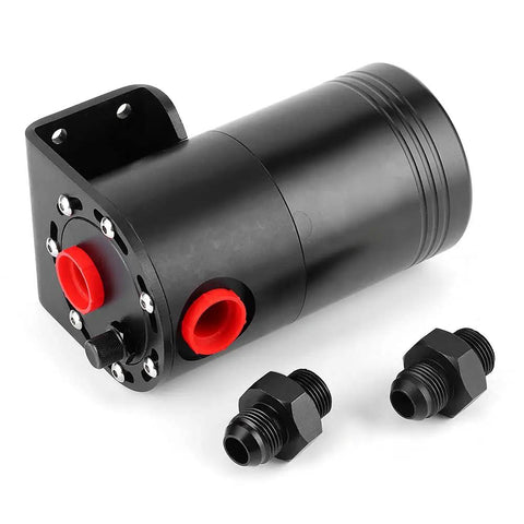 Yukofe Universal Air Oil Separator Catch Can, Black Stainless Steel Construction For Car Engine Modification with red fittings.