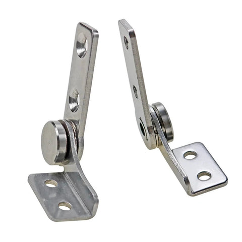 Stainless steel positioning and torque-damping hinge with rotating shaft; two mounting hinges shown