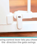 Close-up of the swing control lever on the 36 Inch Tall Auto Close Baby Gate With Door For Doorways Pressure Mounted Fits 29.75 To 40.5 Inch Openings White