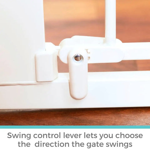 Close-up of the swing control lever on the 36 Inch Tall Auto Close Baby Gate With Door For Doorways Pressure Mounted Fits 29.75 To 40.5 Inch Openings White