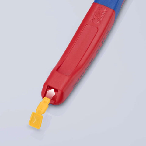 Close-up of red KNIPEX lineman's pliers handle with yellow fish-tape puller tip.
