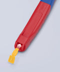 Close-up of High Leverage Lineman Pliers Workhorse With Tape Puller And Crimper 09 12 240 SBA, red and blue handle with yellow crimp