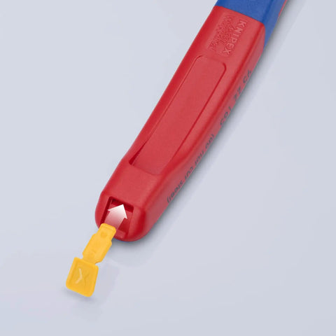 Close-up of High Leverage Lineman Pliers Workhorse With Tape Puller And Crimper 09 12 240 SBA, red and blue handle with yellow crimp
