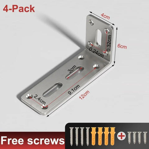 Sturdy Stainless Steel L Shaped Shelf Brackets For Wall Mounts Right Angle Corner Supports Heavy Duty Adjustable Angles Waterproof And Rust Proof 4 X 6 X 12 Cm with screws shown