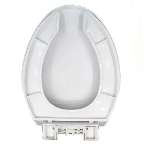 White Elongated Open Front Toilet Seat With Lid Smooth Slow Close Hinge, top view showing quick release mechanism and rim design.