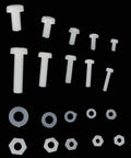 270 Piece Nylon Screw Set In Resealable Box, assorted white nylon screws, washers and nuts in M2-M5 sizes on black background