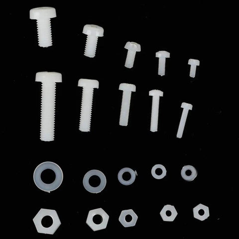 270 Piece Nylon Screw Set In Resealable Box, assorted white nylon screws, washers and nuts in M2-M5 sizes on black background