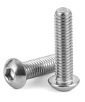 Hefty 100 Piece Assortment Of M5 Metric X 16 Mm Button Head Socket Cap Screws Built From Legit 304 Stainless Steel With Rock Solid Hex Allen Drive For Serious Garage Work, two stainless steel screws close-up.