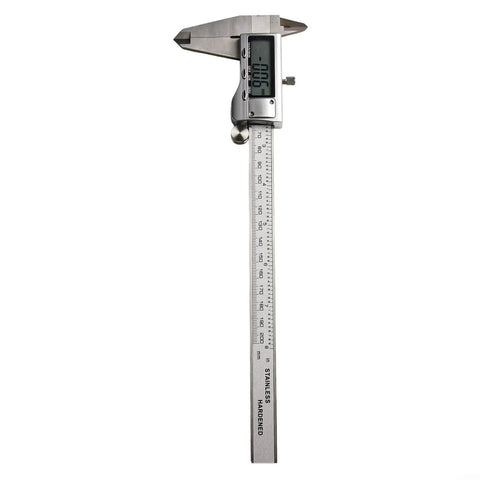 Micpointik Digital Caliper 0-150mm shown in vertical position, stainless steel, featuring a digital display for precise measurements.