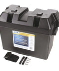 Heavy Duty Battery Box For Group 27 30 31 With Secure Strap And Hardware Delivering Badass Protection For Rv Marine And Automotive Power Packs Crafted From Corrosion Resistant Polypropylene featuring lid, strap, and screws.