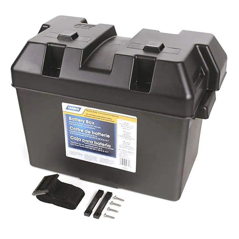 Heavy Duty Battery Box For Group 27 30 31 With Secure Strap And Hardware Delivering Badass Protection For Rv Marine And Automotive Power Packs Crafted From Corrosion Resistant Polypropylene featuring lid, strap, and screws.