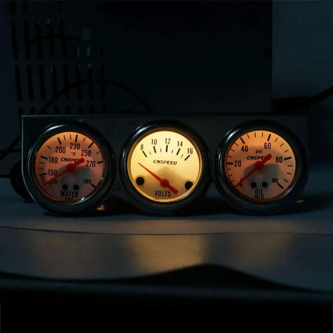 2-Inch Triple Gauge Kit With Volt, Water Temp, And Oil Pressure Gauges - Chrome Mechanical Gauges With White Face Dial, Illuminated Display