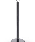 Heavy Duty Toilet Paper Stand With Weighted Base Holds Four Jumbo Rolls Sturdy Rust Resistant Storage For Extra Toilet Paper Easy Access Organizer For Home Bathroom Or RV with chrome finish and round base.