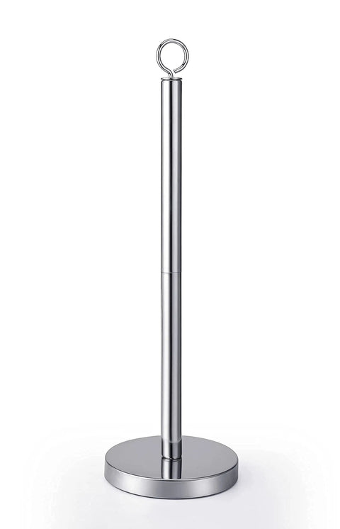 Heavy Duty Toilet Paper Stand With Weighted Base Holds Four Jumbo Rolls Sturdy Rust Resistant Storage For Extra Toilet Paper Easy Access Organizer For Home Bathroom Or RV with chrome finish and round base.