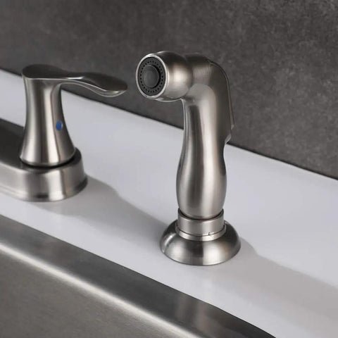 Close-up of side sprayer and handle of 8 Inch High Arc Kitchen Faucet with Dual Handles and Side Sprayer Brushed Nickel