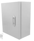 Outdoor Weatherproof Power Distribution Box 25x30x14 Cm with plastic lock, rugged white ABS material, for RV panel control, side view.
