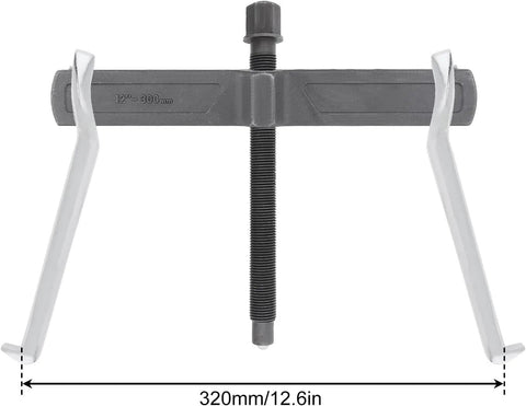 Gear puller, 12-inch two-jaw with white handles and central threaded screw; automotive bearing and pulley removal tool