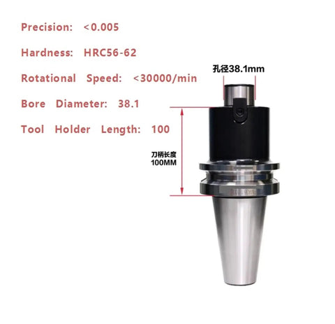 Heavy Duty Bt50 Cnc Milling Tool Holder crafted from dang solid stainless steel with 100mm length and 38.1mm bore diameter.