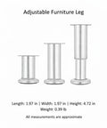Stainless Steel Adjustable Furniture Leg, 4.7 Inch Height, 2 By 2 Inch Base, shown in three height variations