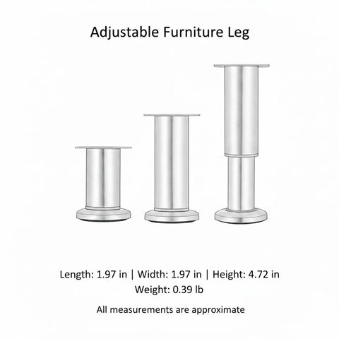 Stainless Steel Adjustable Furniture Leg, 4.7 Inch Height, 2 By 2 Inch Base, shown in three height variations