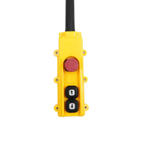 Beefy Electric Chain Hoist Winch With Wireless Remote control panel featuring buttons for lifting and lowering loads.