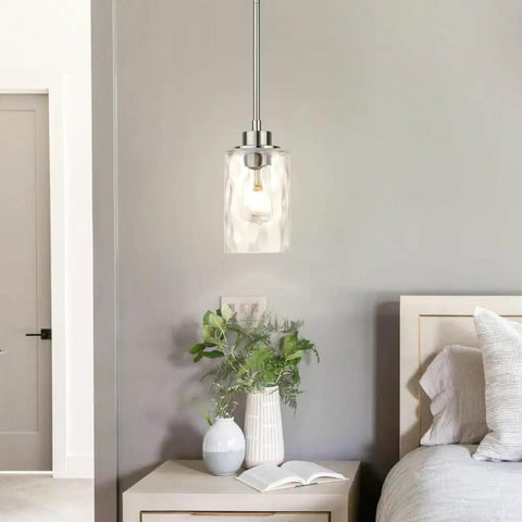 Clear Glass Pendant Light With Brushed Nickel Finish, 1 Light Modern Mini Pendant For Kitchen Island in bedroom setting