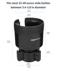 Car Cup Holder Expander With Adjustable Base For 3.4 To 3.8 Inch Bottles, Black, with size dimensions shown.