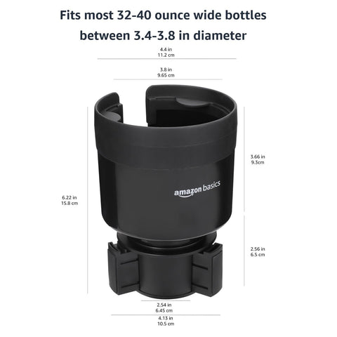 Car Cup Holder Expander With Adjustable Base For 3.4 To 3.8 Inch Bottles, Black, with size dimensions shown.