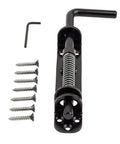 Heavy Duty Spring Loaded Sliding Door Bolt Lock Built Like An Absolute Tank Steel Gate Latch with screws and hex key for installation.