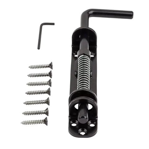Heavy Duty Spring Loaded Sliding Door Bolt Lock Built Like An Absolute Tank Steel Gate Latch with screws and hex key for installation.