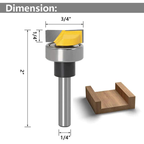 One Quarter Inch Shank Flush Trim Router Bit With Bearing For Hinge Mortising, Three Quarters Inch Cutting Diameter, dimensions shown
