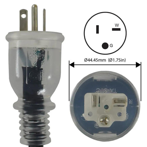 Close-up of plug and receptacle end of 20 Amp 125 Volt Outdoor Extension Cord 25 Feet SJTW Heavy Duty Weather Resistant Cable