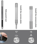 Diagram showing tools from 120 Sets Snap Fasteners Kit With 10mm Metal Snaps, Rubber Hammer, And 4 Setting Tools In 6 Colors For Fabric Clothes