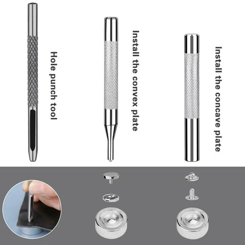 Diagram showing tools from 120 Sets Snap Fasteners Kit With 10mm Metal Snaps, Rubber Hammer, And 4 Setting Tools In 6 Colors For Fabric Clothes
