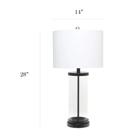 Coastal Style Table Lamp With Enclosed Clear Glass And Black Metal Base, White Fabric Drum Shade, 3 Way 100W Equivalent Bulb, Rotary Socket Switch, Modern Enclosed Design For Living Room Or Bedroom