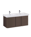 Double sink vanity with brown cabinet and faucets, suitable for Brass Single-Handle Faucet Cartridge Replacement For Kitchen And Bath Sinks.