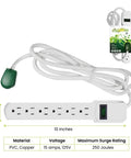 Heavy Duty 6 Outlet Surge Protector With Mountable Design, 6 Ft Cord, 15 Amp Circuit Breaker, shown with dimensions and packaging
