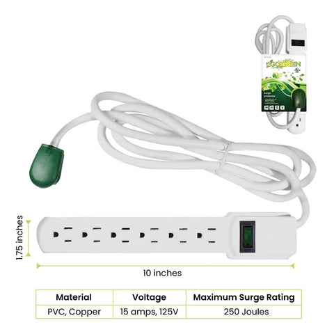 Heavy Duty 6 Outlet Surge Protector With Mountable Design, 6 Ft Cord, 15 Amp Circuit Breaker, shown with dimensions and packaging