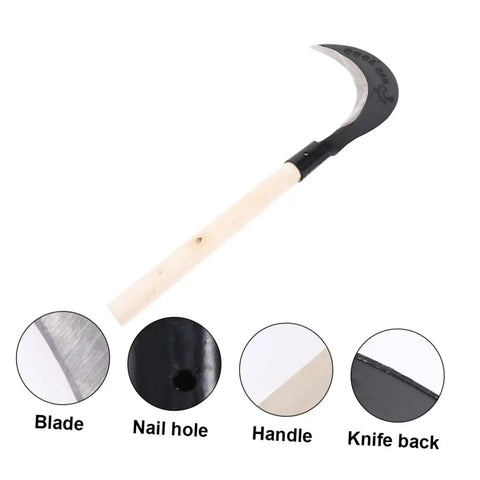 Long Handle Manganese Steel Scythe For Gardening And Weeding, Dope Grip Outdoor Farm Tool with labeled parts including blade and handle.