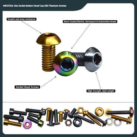 Premium Gr5 Titanium Hex Socket Buttonhead Cap Screws M8 X 1 25 By 45 mm Thread Length Six Piece Set With Nano Coated Finish laid out with different colors and shapes.