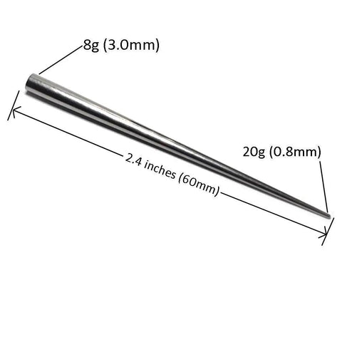 8G 3.0mm 316L Stainless Steel Calor Style Taper Insertion Pin for Stretching Kit Stretcher Body Piercing Tool No Thread Inside Hollow End Concave Taper Perfect for Gauge Expansion from 12g to 8g and 10g to 8g Pro Grade, 60mm taper