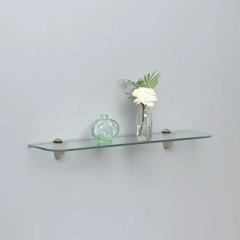 Tempered Glass Shelf Kit 6-Inch by 24-Inch Satin Nickel With Small Brackets For a Sleek Floating Look Holds Up To 25 Lbs, Super Easy Install With Mounting Hardware Included, Great For Bathroom Or Kitchen Decor