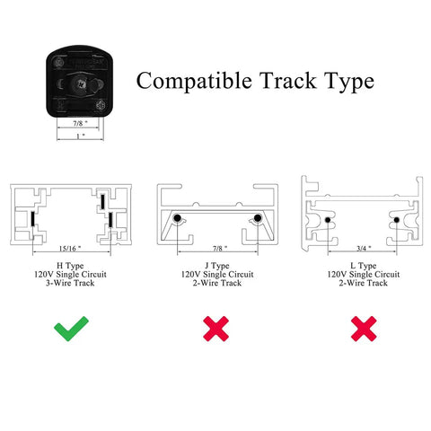 Diagram showing H Type 3-wire track compatibility for Six Pack 16.5W Dimmable LED Track Lighting Heads, 1200lm Each, 24 Degree Beam.