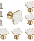 Six Pack Brass Four Leaf Clover Cabinet Knobs Set Gold Finish White Zinc Alloy Single Hole Mount For Cabinets Drawers Dressers Furniture Kitchen Wardrobe Bathroom Decorative Door Pulls, 32 mm