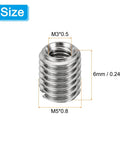 Front view of stainless steel M5*0.8 to M3*0.5 thread reducer sleeve nut, 6 mm tall.