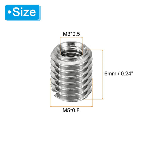 Front view of stainless steel M5*0.8 to M3*0.5 thread reducer sleeve nut, 6 mm tall.