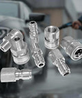 Front view of 8-piece 3/8 in quick-connect fittings kit for pressure washers, chrome-plated male/female connectors