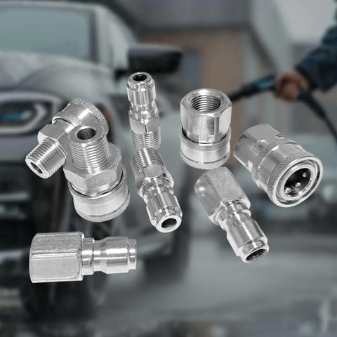 Front view of 8-piece 3/8 in quick-connect fittings kit for pressure washers, chrome-plated male/female connectors